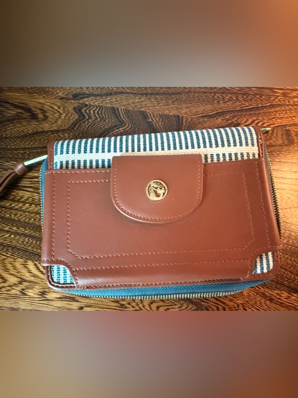 Spartina 449 Brown Leather-Trim Blue Stripe Zip Wallet